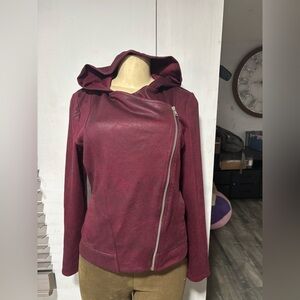 New York & Company Maroon Hooded Leather Jacket